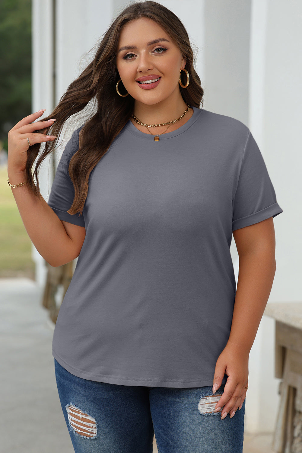 Casual Plain Crew Neck Tee