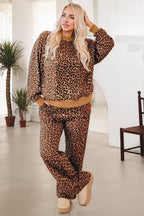 Khaki Leopard Pullover and Pants 2pcs Outfit with Bow Embroidery