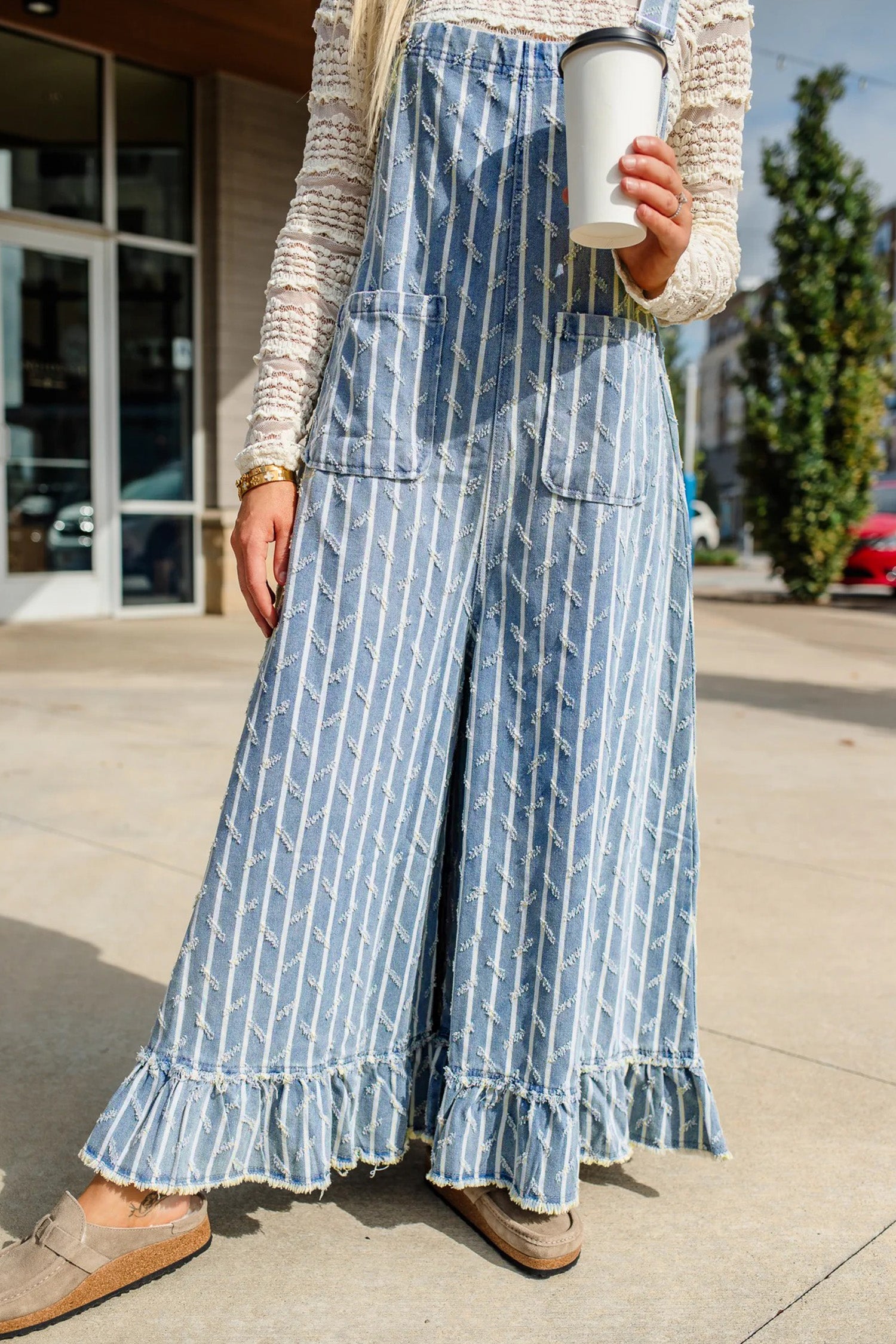 Myosotis Striped Distressed Ruffled Wide Leg Denim Overalls