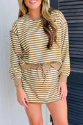 Stripe Textured Drop Shoulder Pullover Top Drawstring Mini Skort Two Piece Dress Set