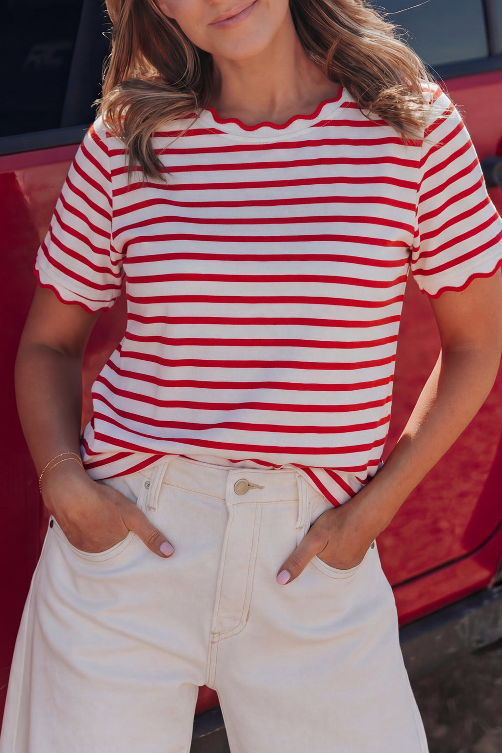 Black Stripe Scalloped Trim Round Neck T Shirt