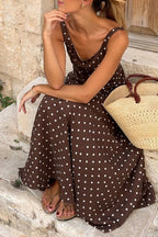 Brown Polka Dot Print Square Neck Sleeveless Vacation Long Dress
