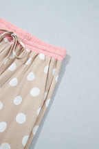 Khaki Polka Dot Contrast Trim Long Sleeve Top Drawstring Shift Pants Set