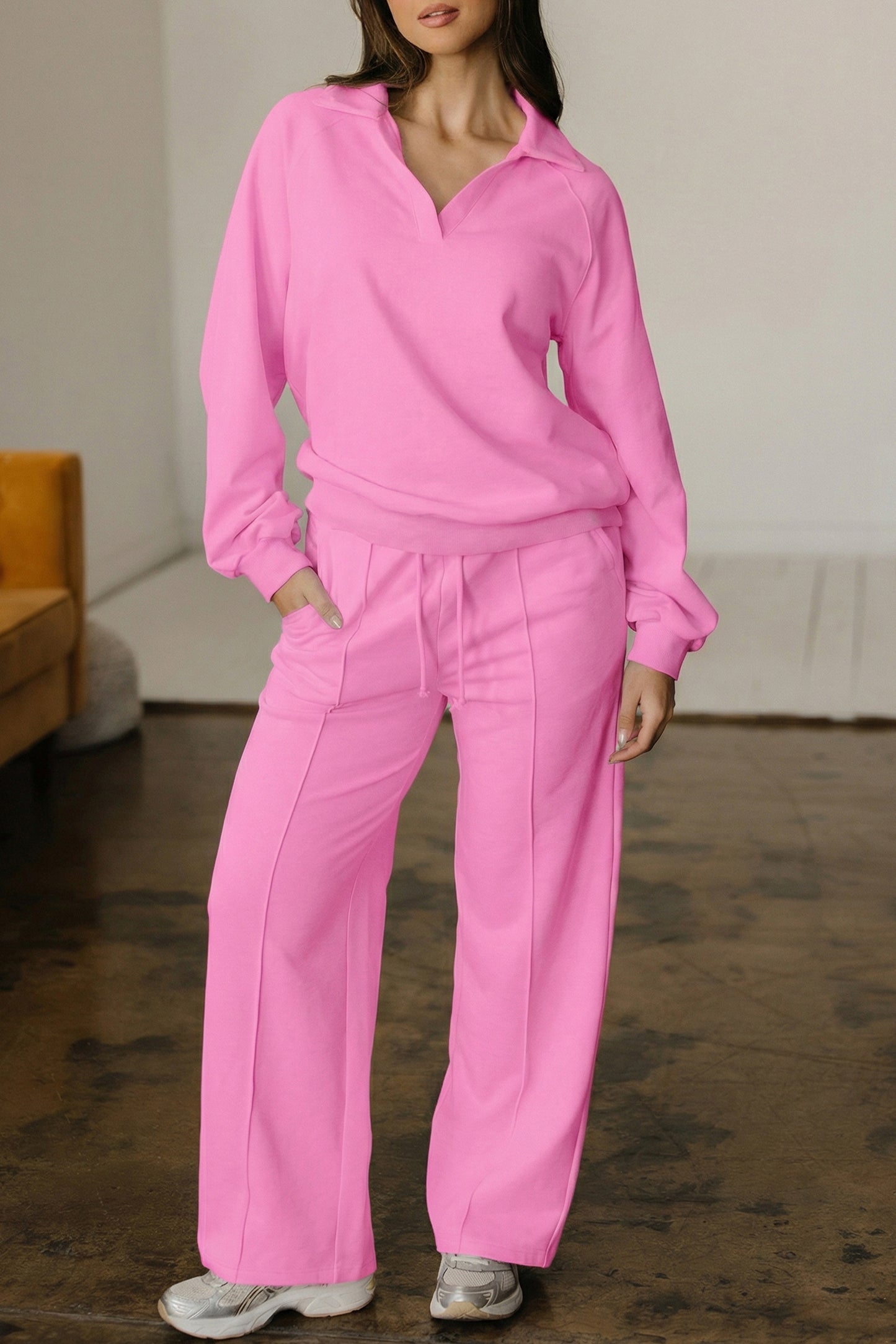 Polo Collar V Neck Pullover and Drawstring Sweatpants Set