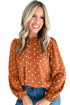 Brown Polka Dot Half Button V Neck Long Sleeve Blouse
