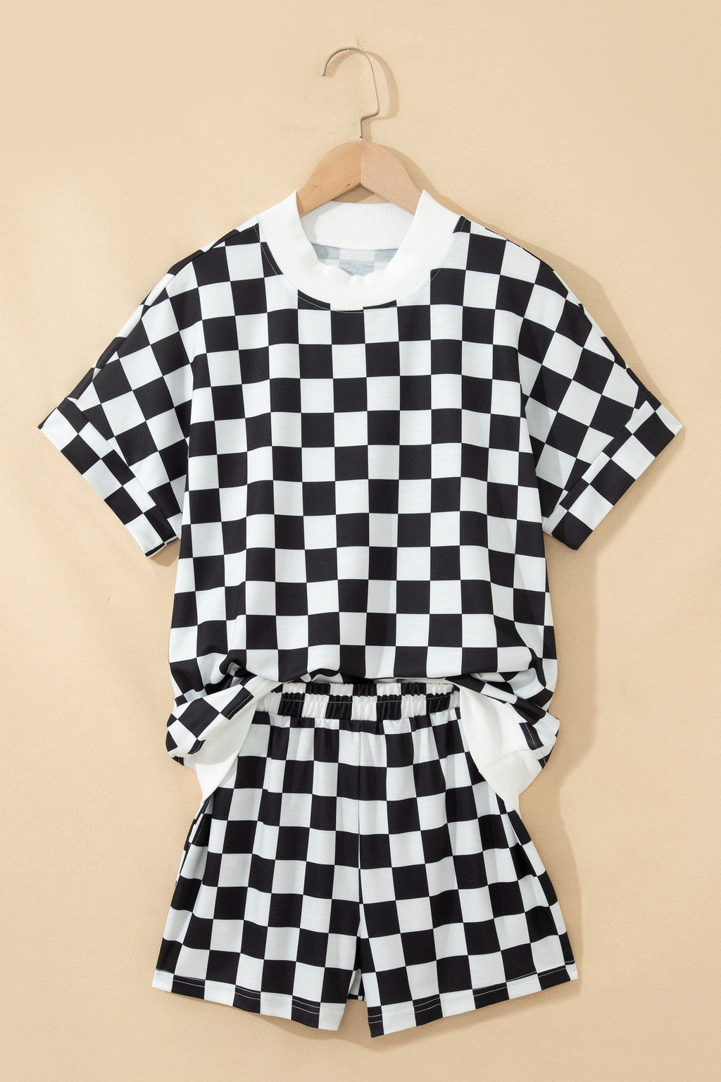 Pink Checkered Print Color Block Trim Mock Neck Short Set