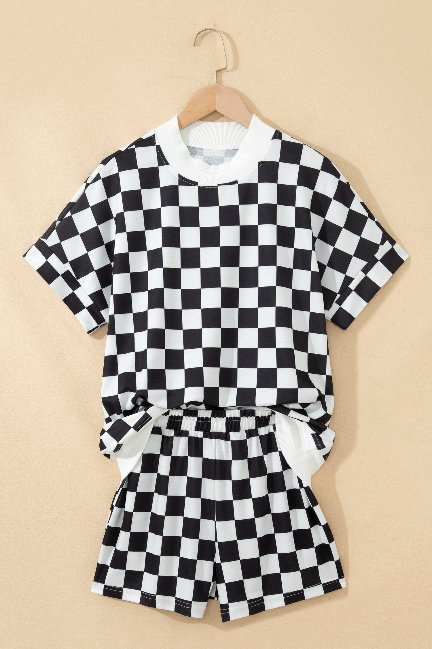 Pink Checkered Print Color Block Trim Mock Neck Short Set