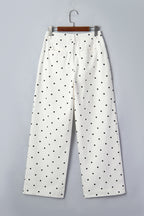 White Polka Dot Print Scalloped Patch Pocket Cotton Shift Pants