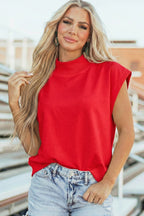Black Solid Color High Neck Cap Sleeve Loose Top