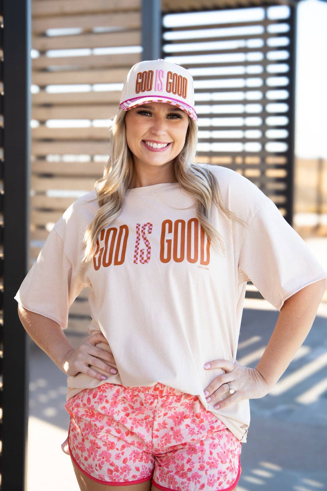 "God is Good" on Tan Hat with Checkered Bill