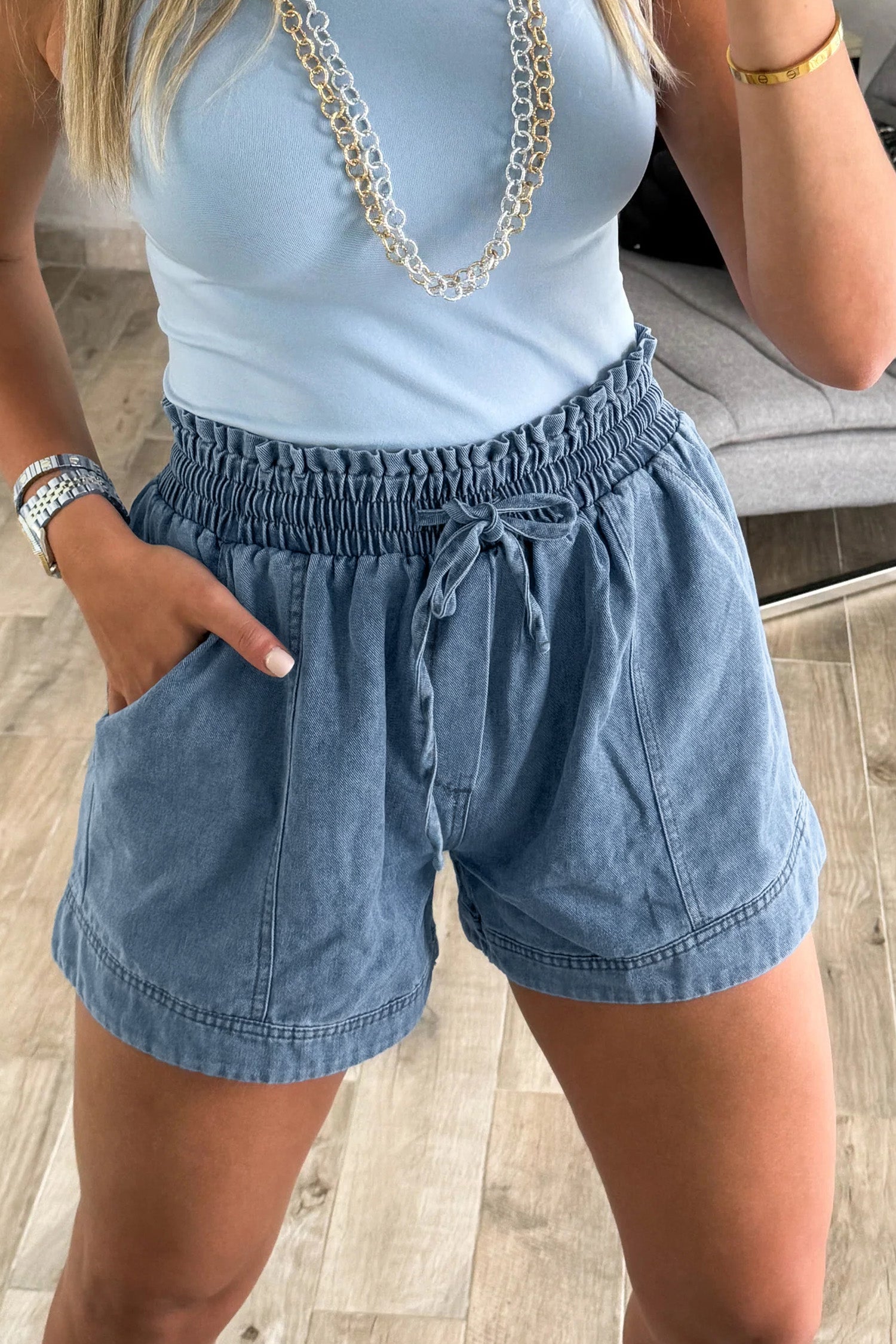 Dusk Blue Smocked Elastic Waist Denim Shorts