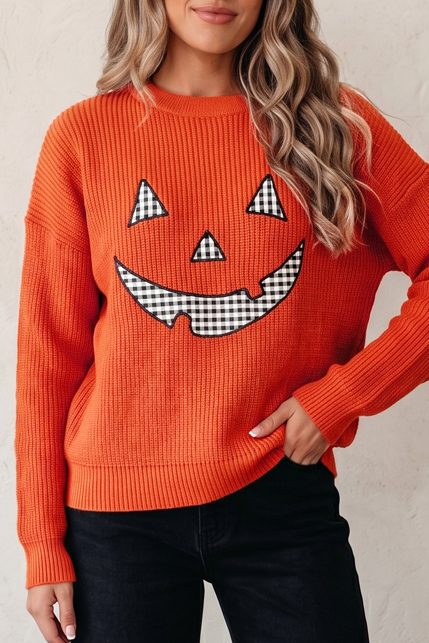 Orange Drop Shoulder Long Sleeve Round Neck Halloween Sweater