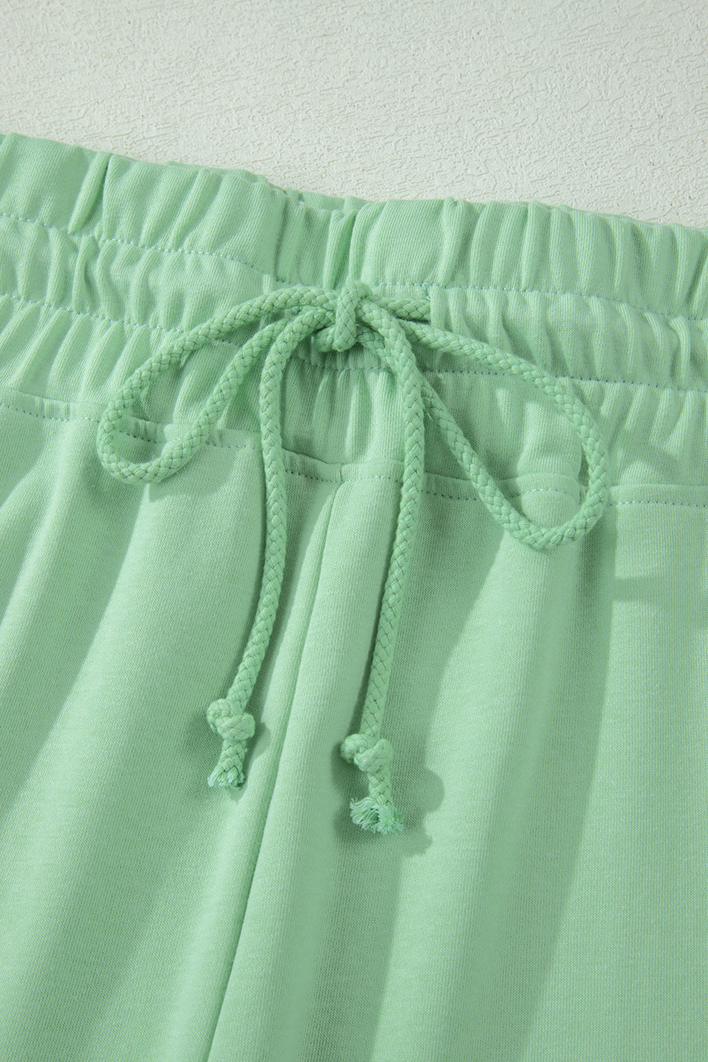 Mist Blue Solid Color Ribbed Trim Short Sleeve Top Drawstring Loose Pants 2pcs Outfit