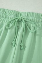 Mist Blue Solid Color Ribbed Trim Short Sleeve Top Drawstring Loose Pants 2pcs Outfit