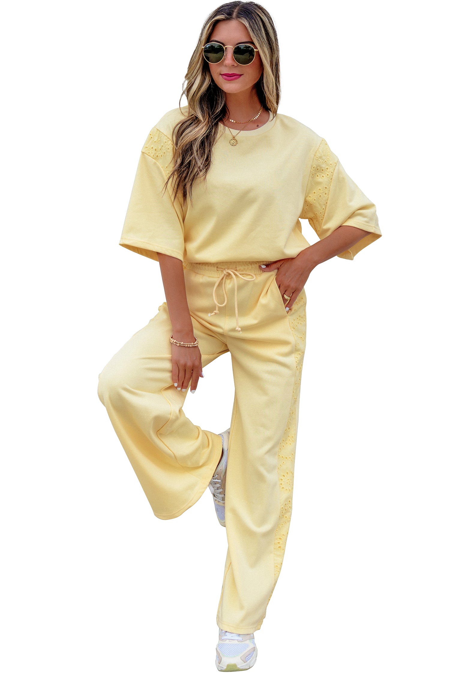 Lace Patchwork Half Sleeve Top Elastic Waist Pants Two Piece Set