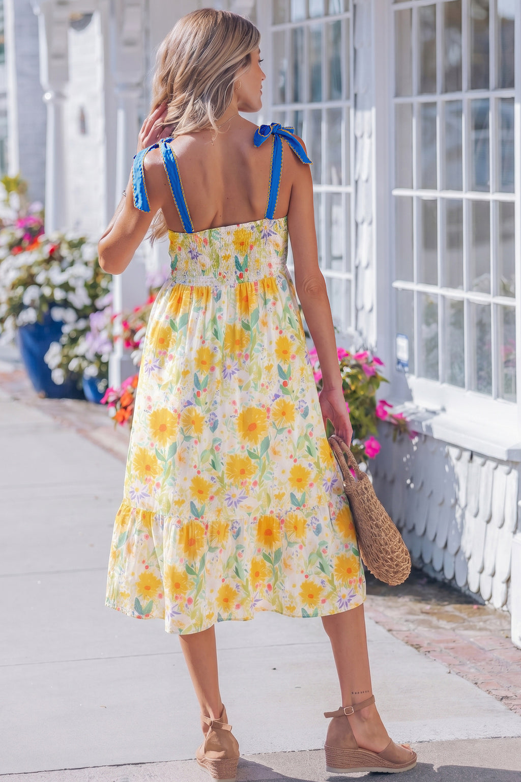Red Floral Print Contrast Stitched Knot Denim Straps High Waist Dress