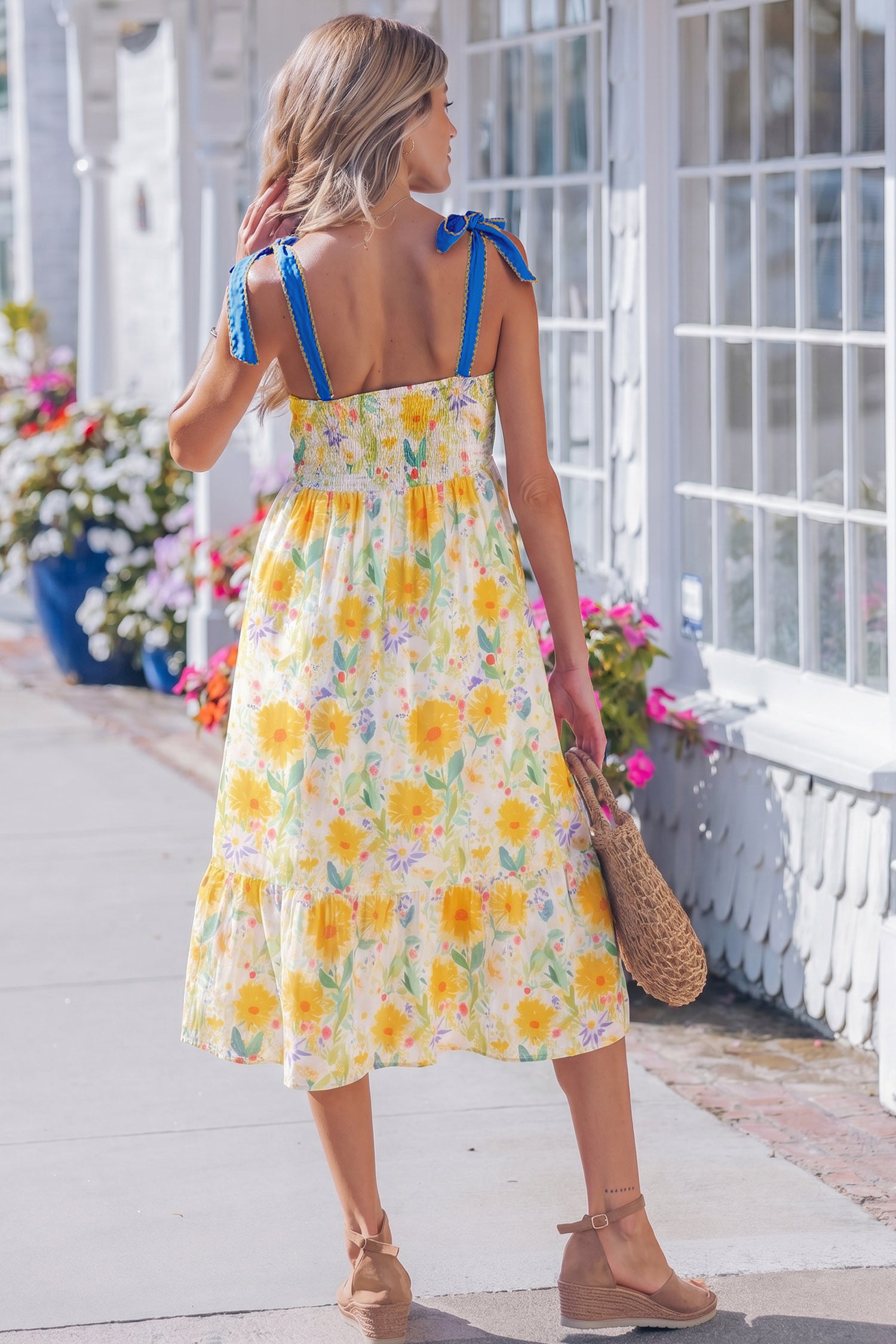 Red Floral Print Contrast Stitched Knot Denim Straps High Waist Dress