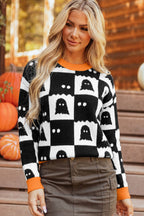 Black High Neck Drop Shoulder Geometric Print Sweater