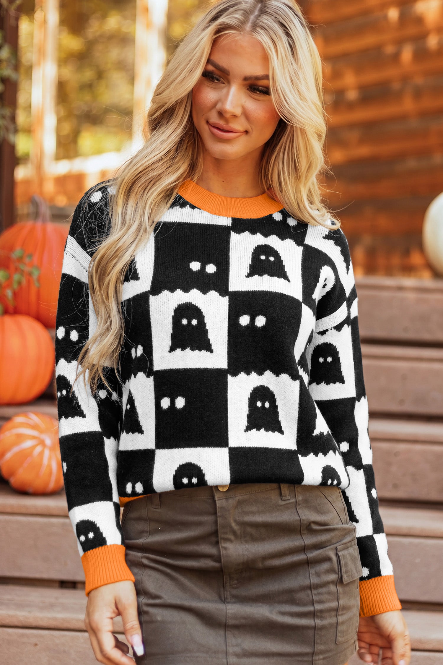 Black High Neck Drop Shoulder Geometric Print Sweater