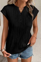 Apricot Wavy Textured Button V Neck Tee