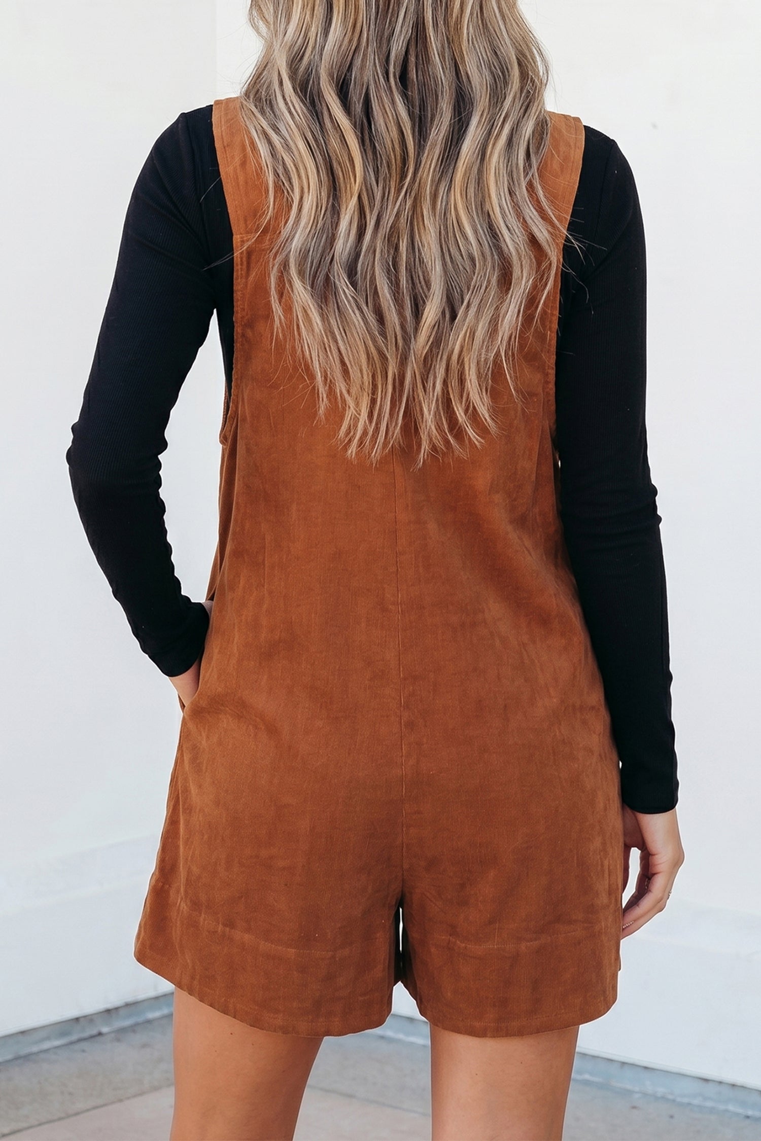 Cinnamon Solid Color Tie V Neck Sleeveless Corduroy Romper