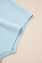 Mist Blue Solid Color Ribbed Trim Short Sleeve Top Drawstring Loose Pants 2pcs Outfit