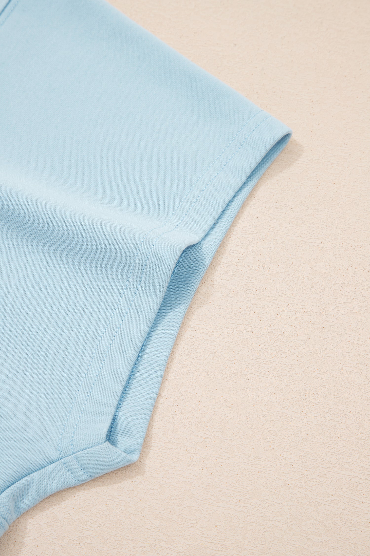 Mist Blue Solid Color Ribbed Trim Short Sleeve Top Drawstring Loose Pants 2pcs Outfit