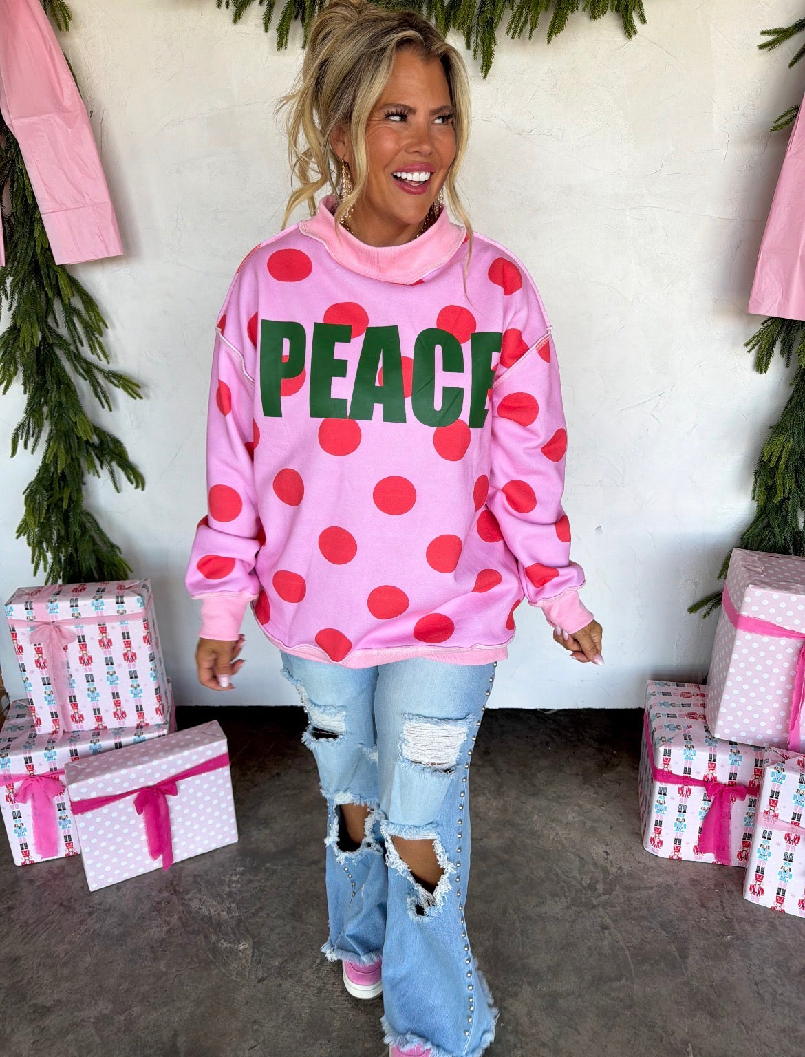 Peace & Polka Dot Mock Neck Pullover -Preorder ETA LATE OCTOBER