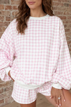 Sky Blue Plaid Baggy Pullover Drawstring Casual Shorts 2pcs Outfit