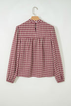 Coral Country Plaid Long Sleeve Button Keyhole Pleated Loose Blouse