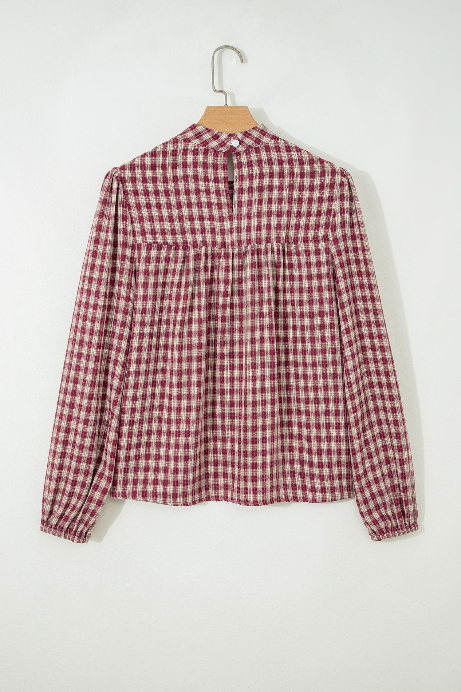 Coral Country Plaid Long Sleeve Button Keyhole Pleated Loose Blouse