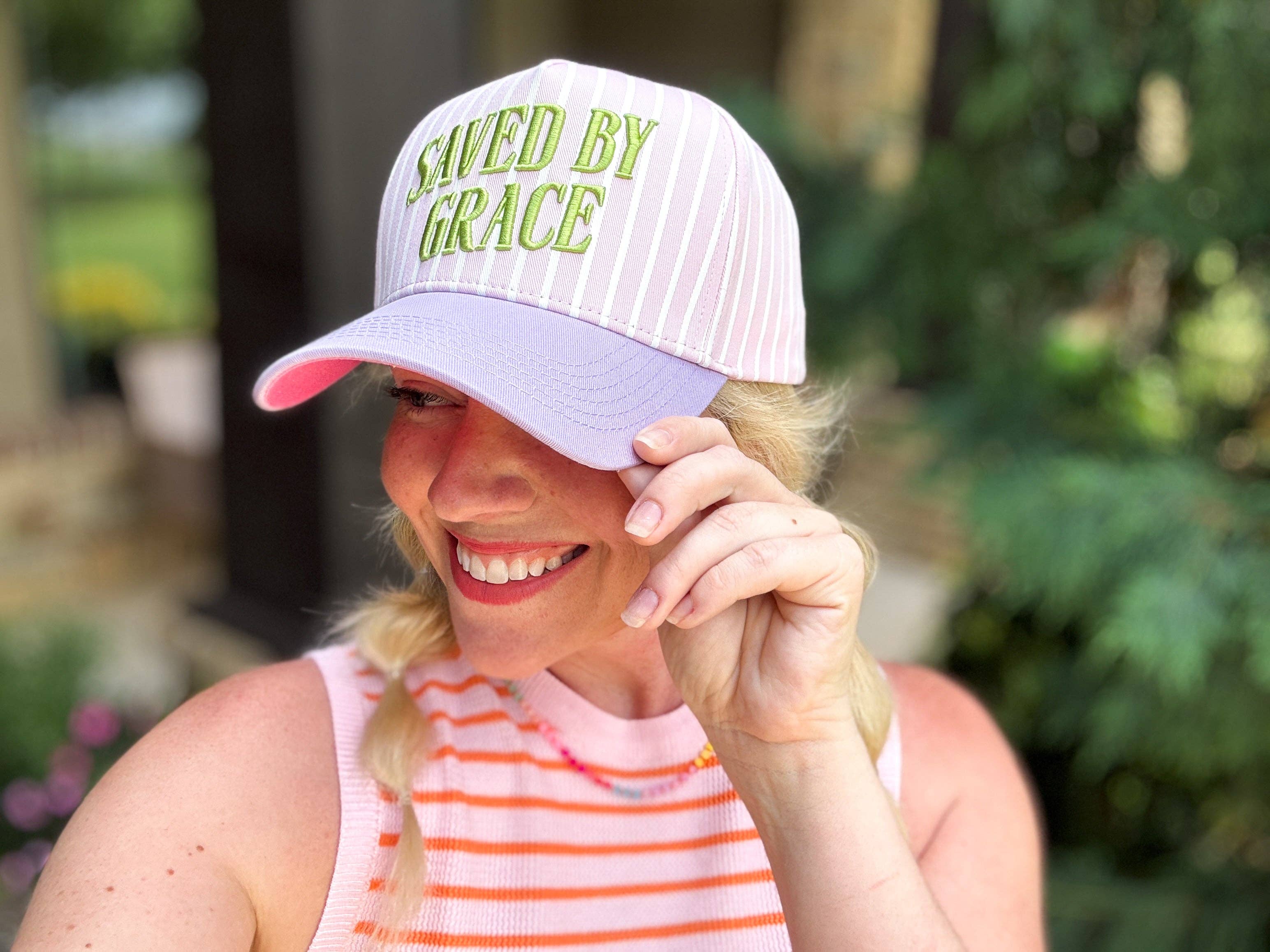 Embroidered Baseball Cap - "Saved by Grace" - Pink + Purple