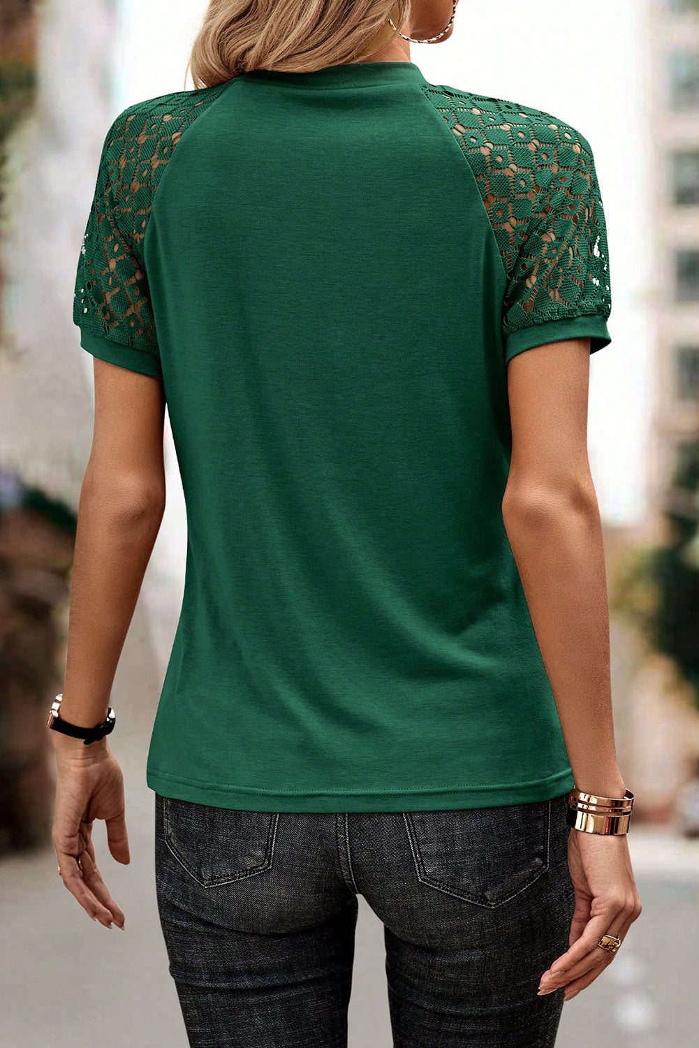 Mist Blue Seamed Detail Contrast Lace Raglan Sleeve Tee