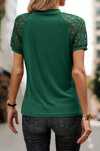 Mist Blue Seamed Detail Contrast Lace Raglan Sleeve Tee