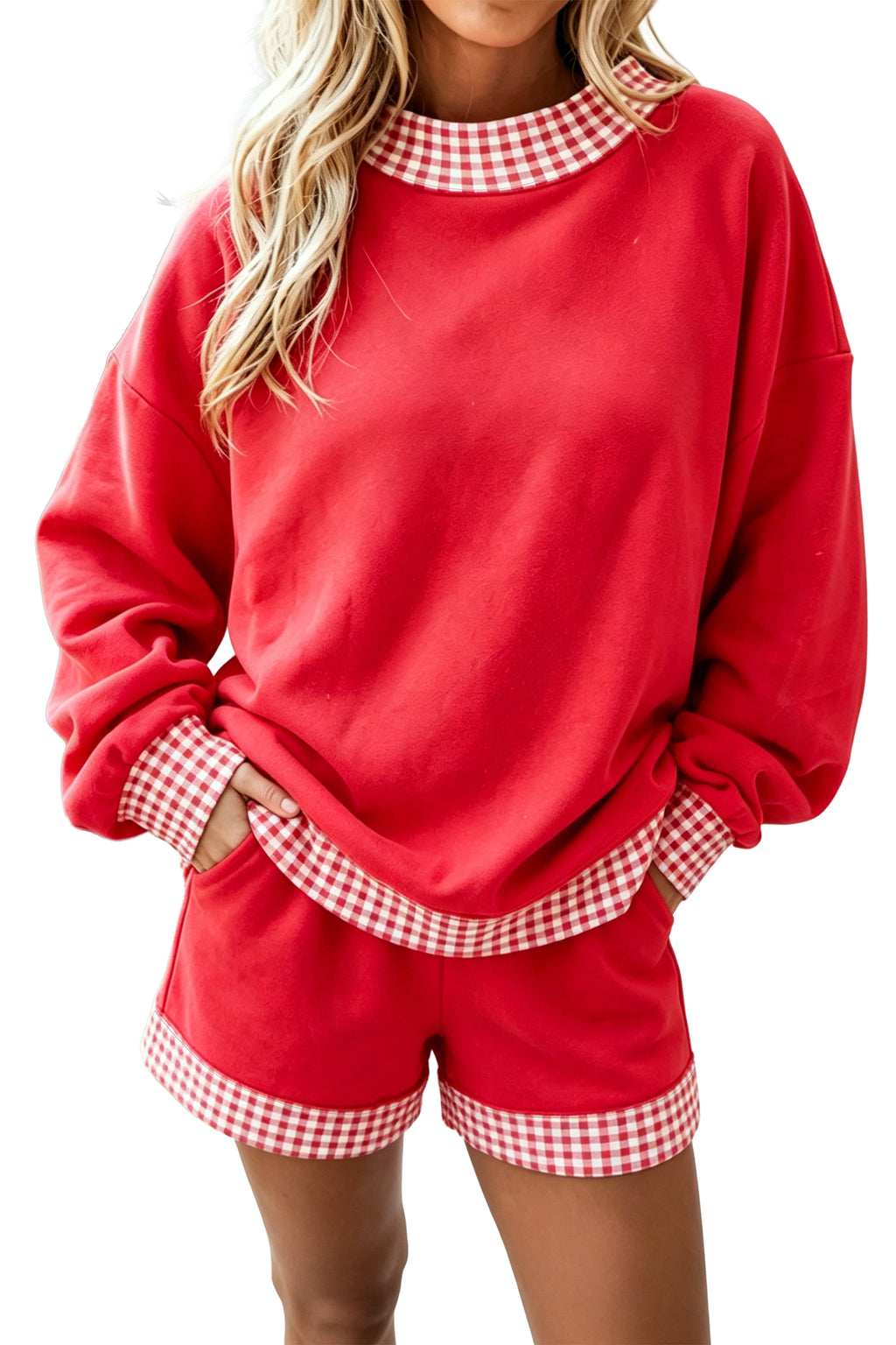 Fiery Red Gingham Trim Baggy Pullover 2pcs Short Set