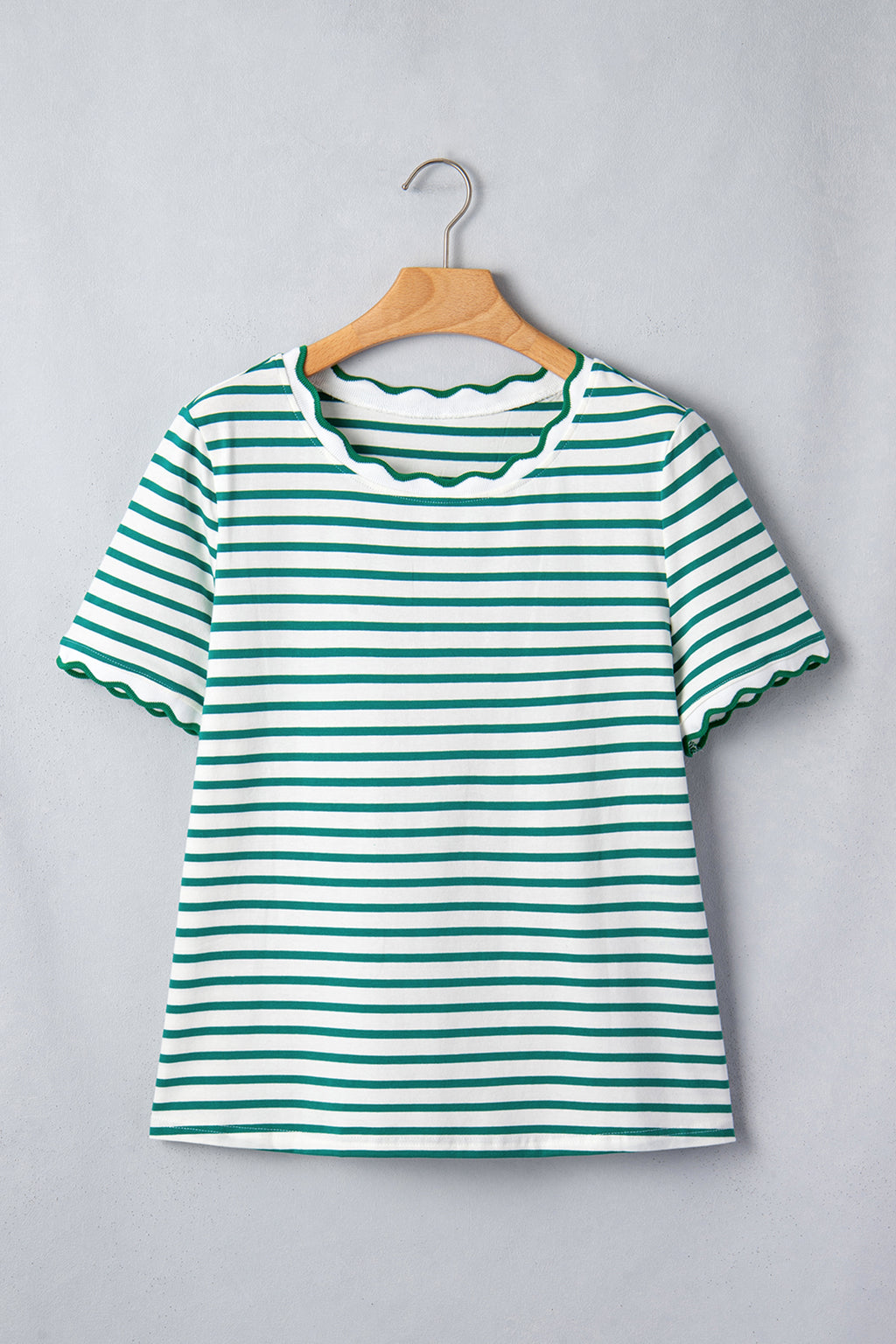 Black Stripe Scalloped Trim Round Neck T Shirt