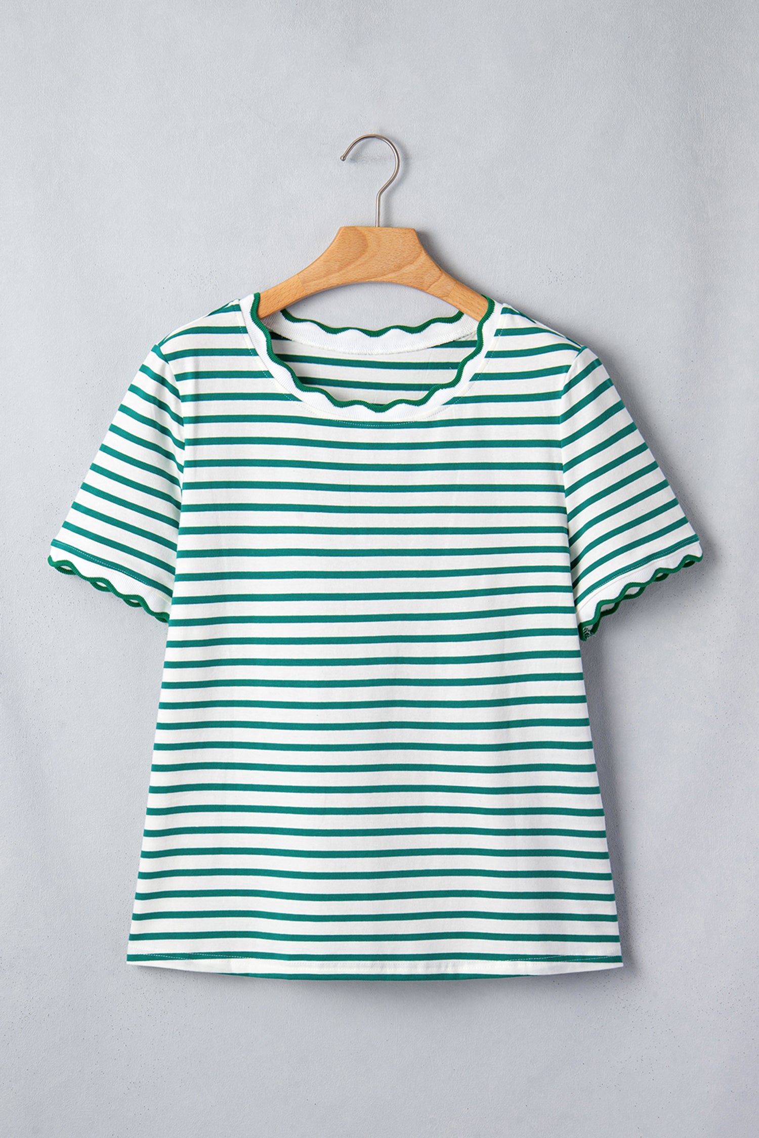 Black Stripe Scalloped Trim Round Neck T Shirt