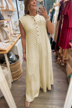White Half Buttons Sleeveless Wide Leg Textured Jumpsuit
