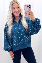 Brown Polka Dot Print Metal Button Collar Casual Pullover Sweatshirt