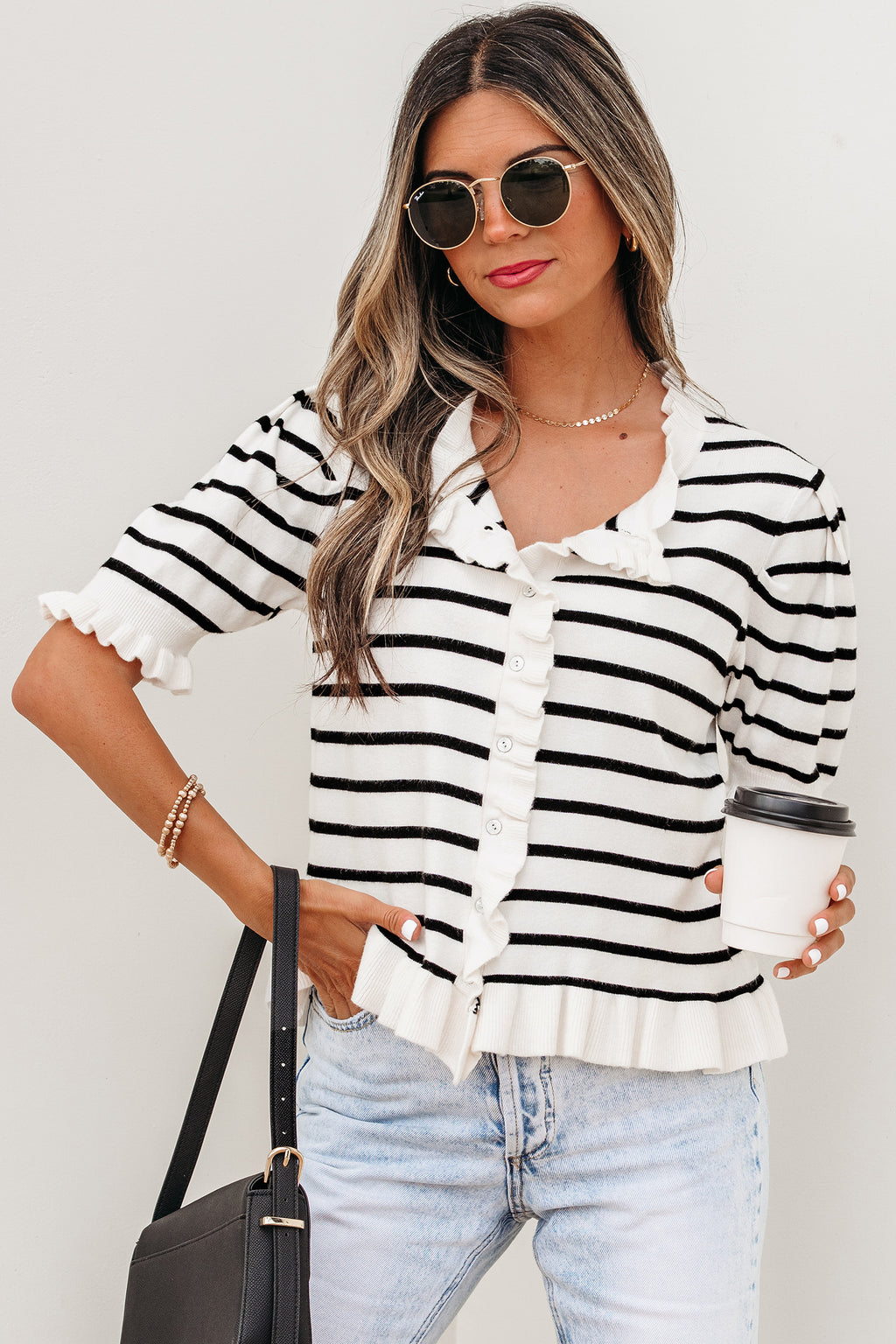 Beige Stripe Ruffle Trim Button Down Knit Short Sleeve Sweater Cardigan