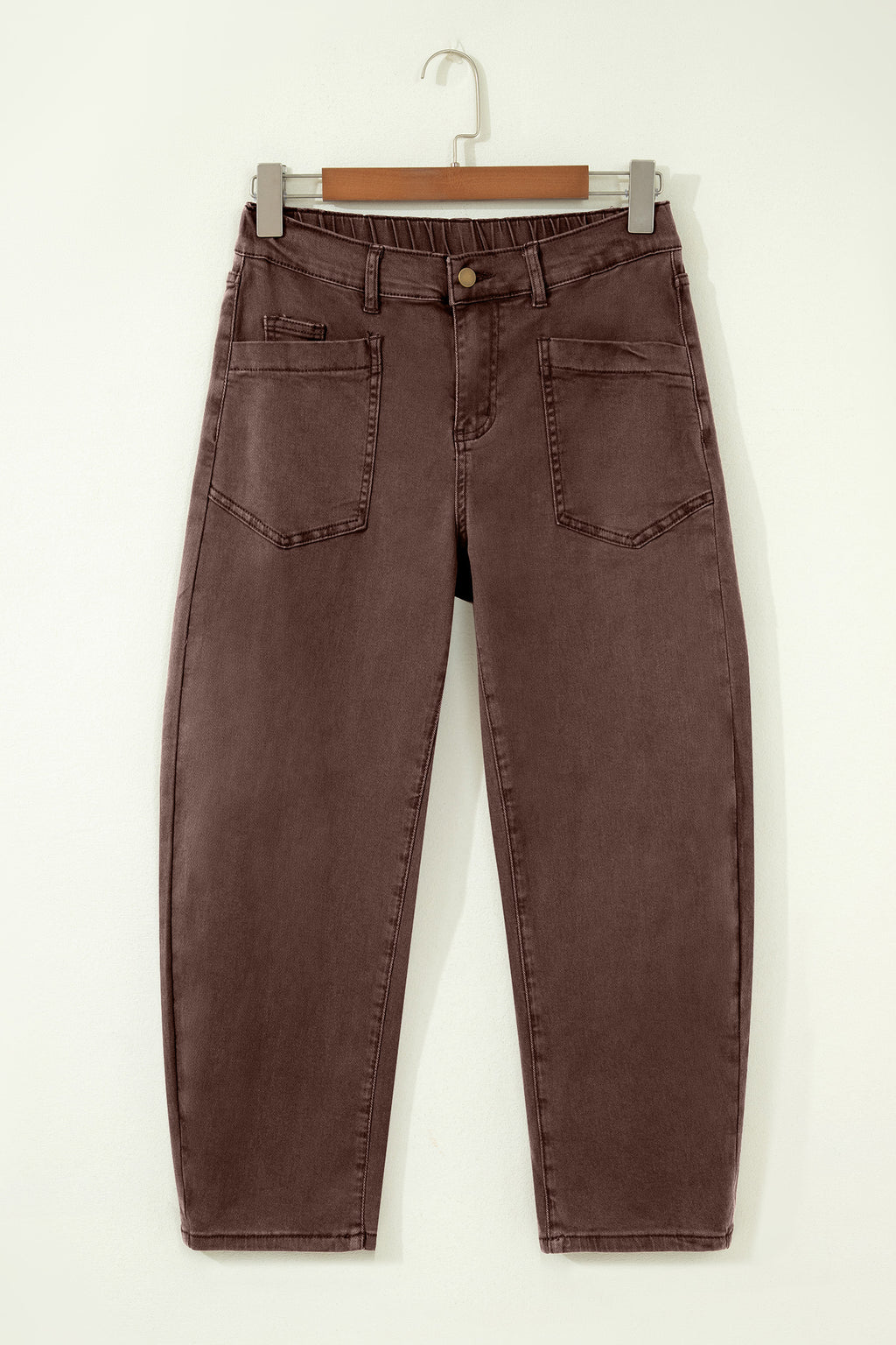 Square patch pocket ankle-length barrel jeans by Dear-Lover Dropshipping, showing fitted denim with patch pockets and cuffed ankle design.