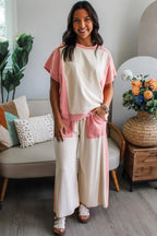 White Two-tone Color Block Patchwork Tee Drawstring Loose Pant Set