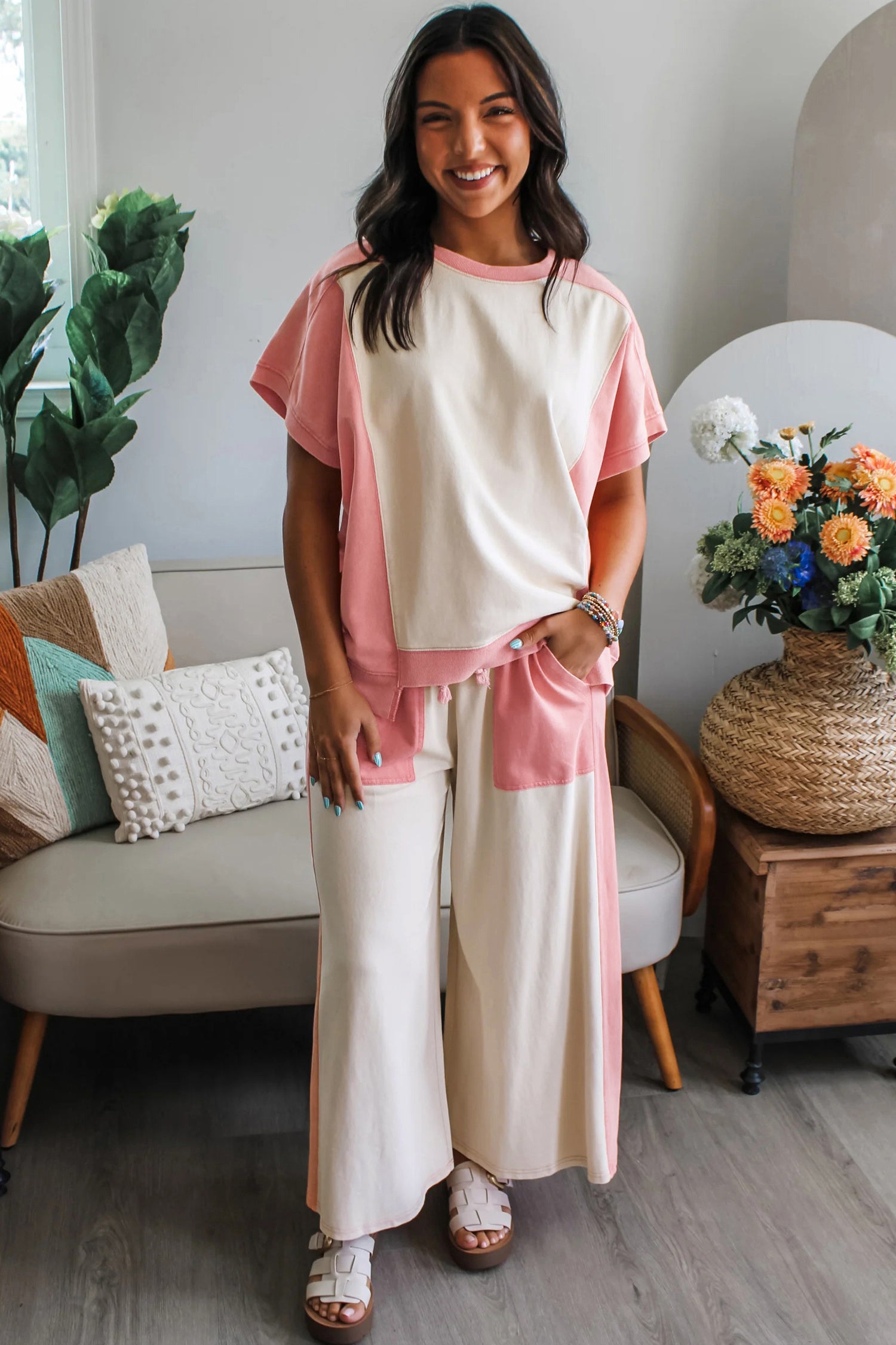 White Two-tone Color Block Patchwork Tee Drawstring Loose Pant Set