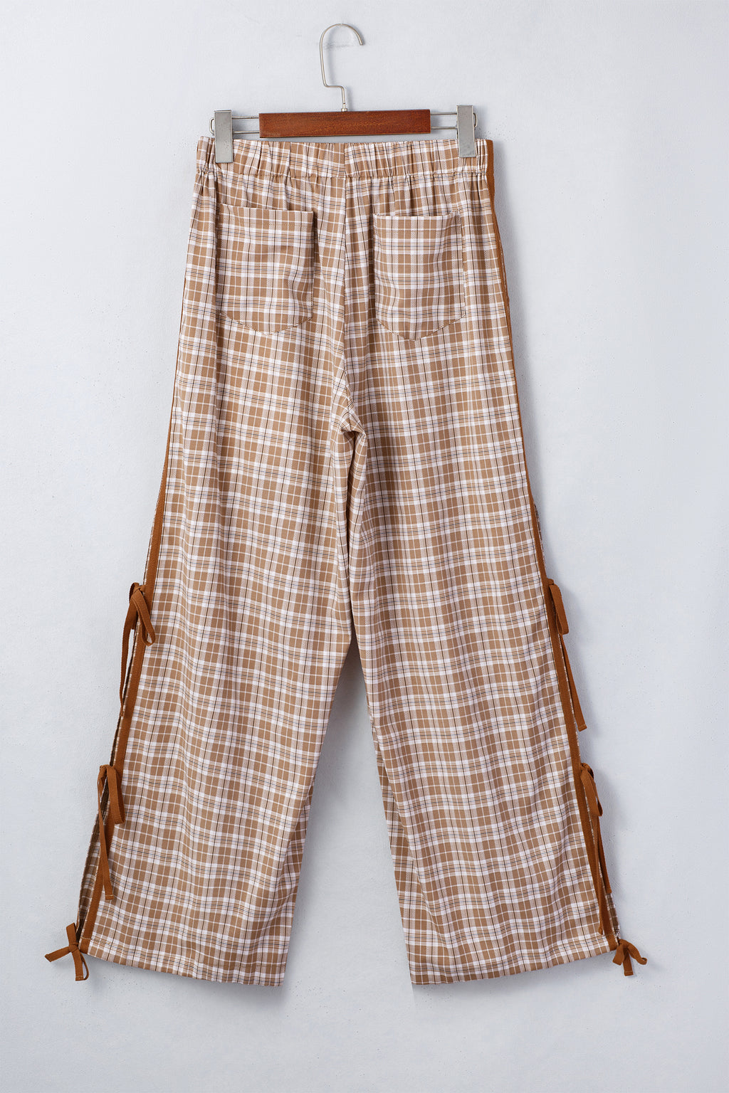 Chestnut Plaid Print Elastic Waist Bow Tie Contrast Detail Jogger Pants