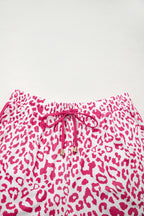 Pink Leopard Elastic Waist Lace up Contrast Trim Casual Shorts