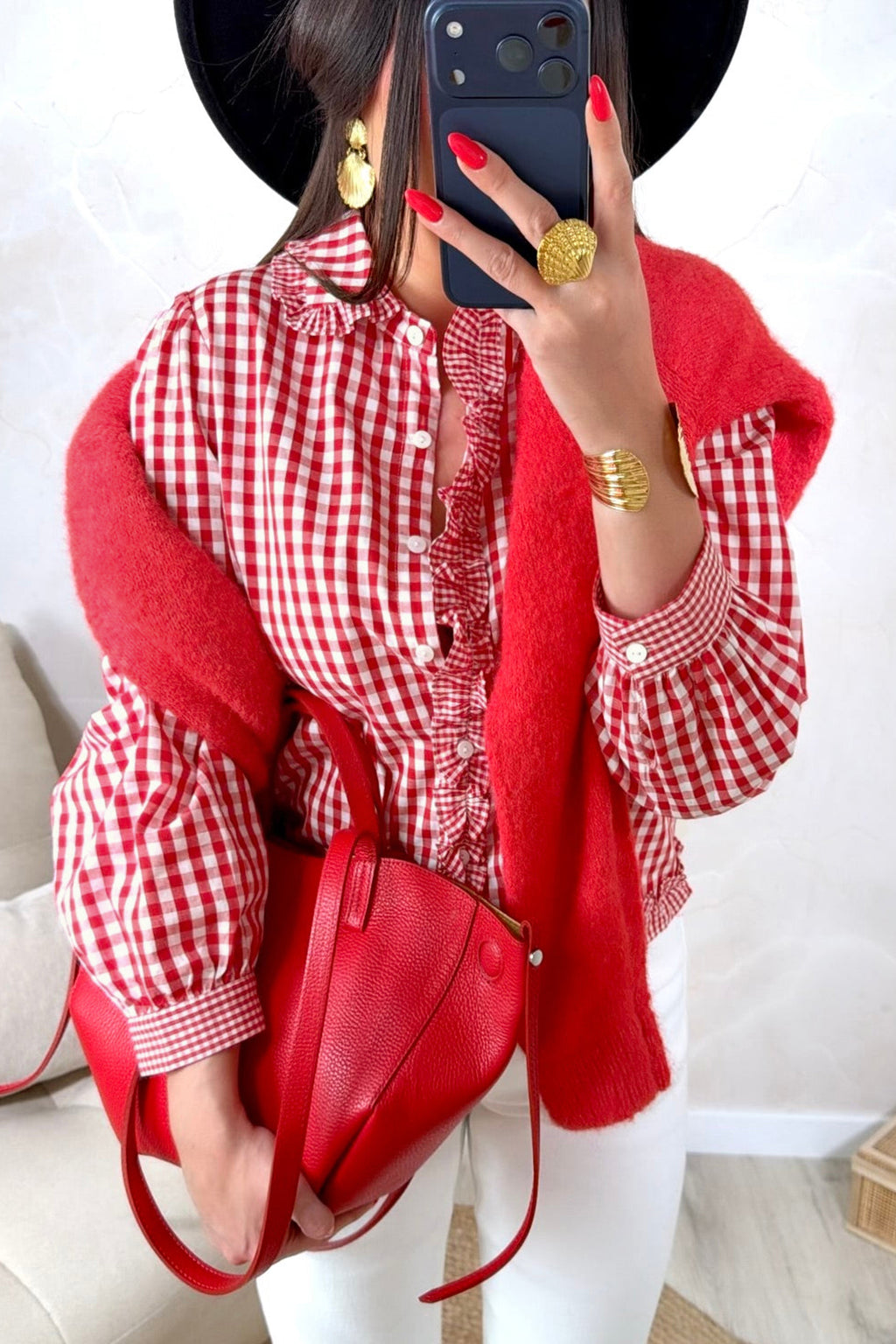Red Plaid Long Sleeve Button Down Frill Detail Casual Shirt