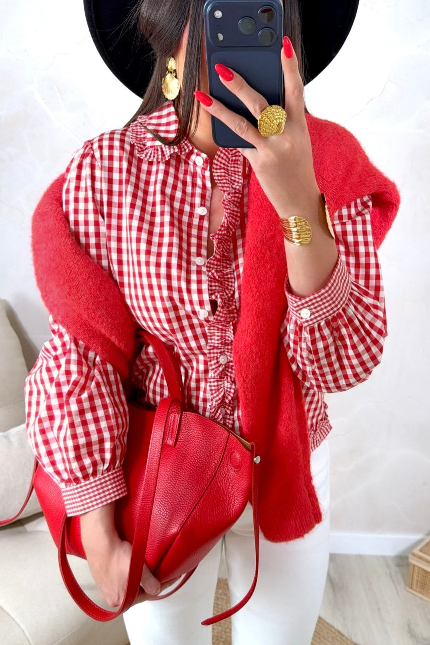 Red Plaid Long Sleeve Button Down Frill Detail Casual Shirt