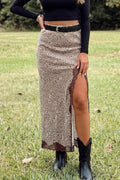 Brown Cheetah Print Trim Split Long Western Skirt