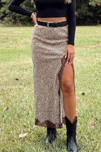 Brown Cheetah Print Trim Split Long Western Skirt