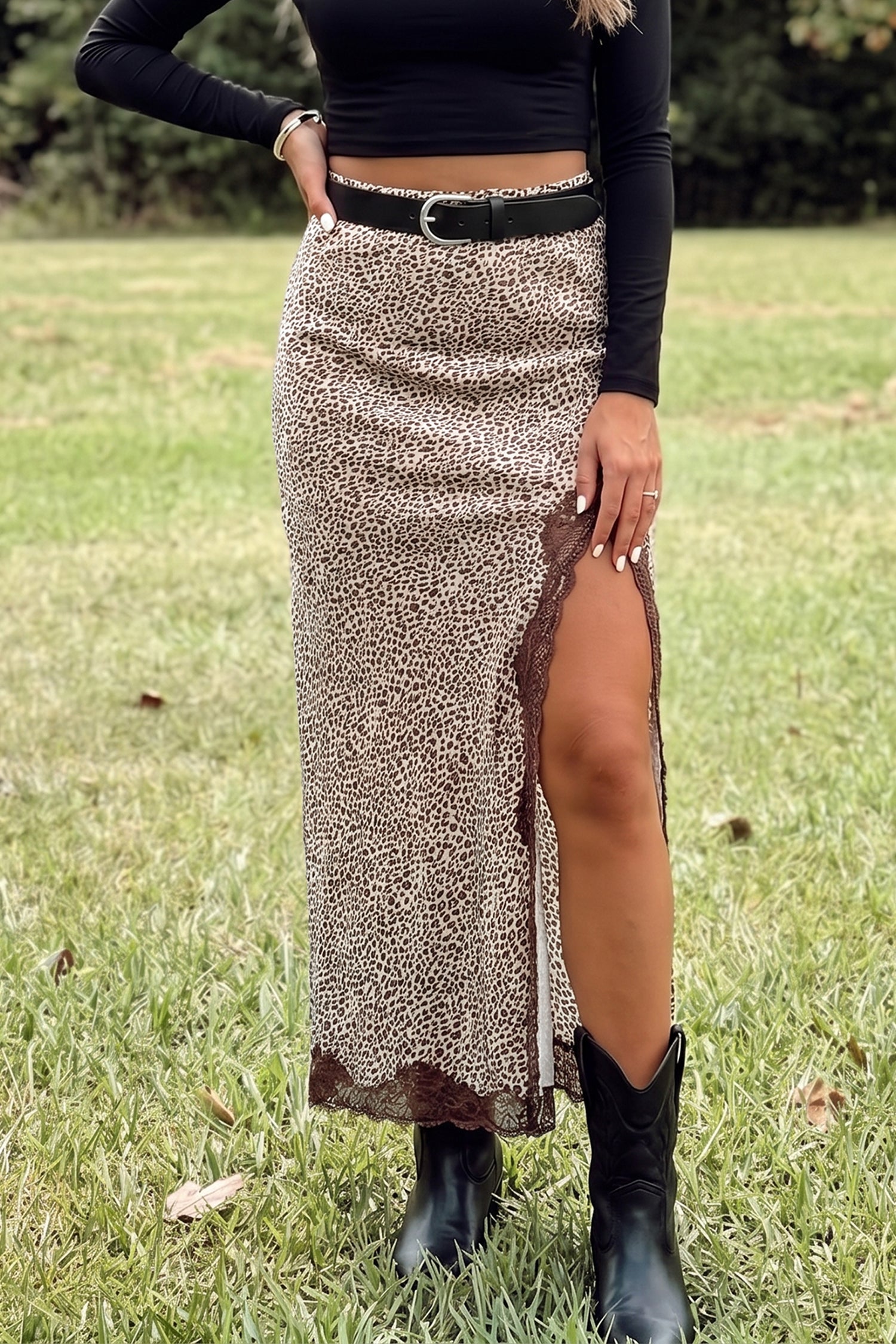 Brown Cheetah Print Trim Split Long Western Skirt